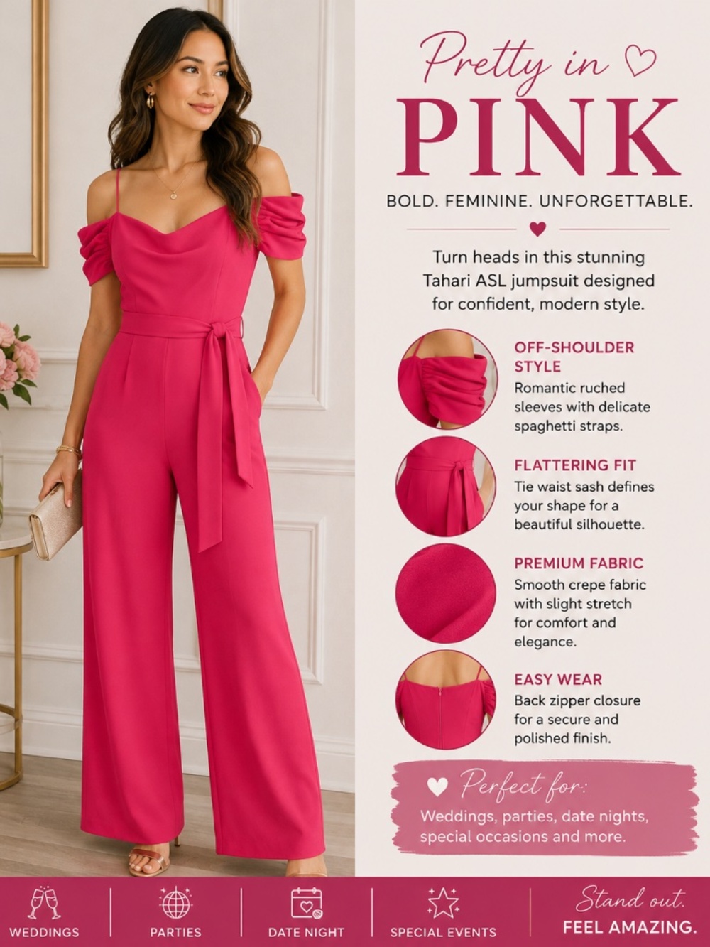 NWT Tahari ASL Hot Pink Off Shoulder Jumpsuit Size 6 Ruched Sleeve Belted